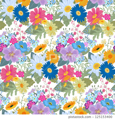 Vector seamless pattern with blooming meadow. Bright endless background with colorful wildflowers forget-me-nots, chamomile, daisies. 125153400