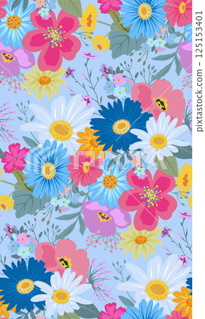 Vector seamless pattern with blooming meadow. Bright endless background with colorful wildflowers forget-me-nots, chamomile, daisies. Vector seamless pattern with blooming meadow. Bright endless background with colorful wildflowers forget-me-nots, chamomile, daisies. 125153401