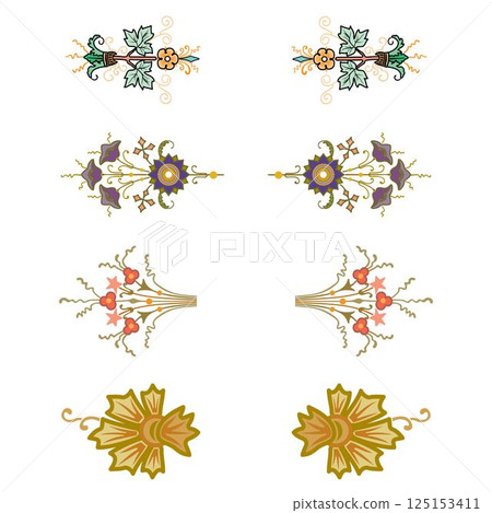 Vintage floral calligraphic floral vignette scroll corners ornamental design elements set isolated illustration 125153411