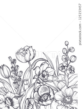 Vector composition of spring flowers, leaves and branches. Different flowers, tulips, anemones and other plants in beautiful bouquet. 125153457
