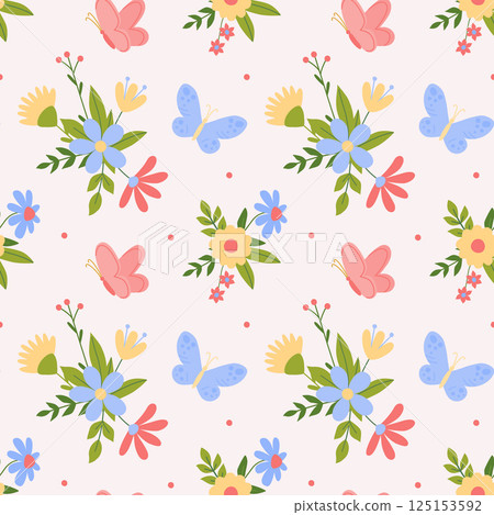 Seamless floral pattern with bright childish plants on pink. Cute baby print for textile paper packaging. Simple kids vector illustration Seamless floral pattern with bright childish plants on pink. Cute baby print for textile paper packaging. Simple kids vector illustration 125153592