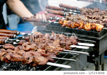 Grilled Meat Skewers on Street Food Grilled Meat Skewers on Street Food 125153608