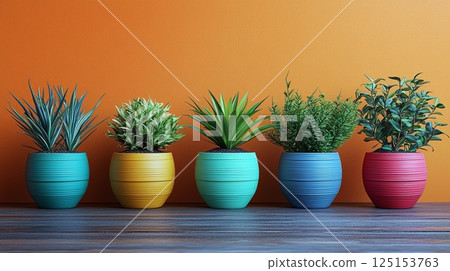 Vibrant Collection of Houseplants in Colorful Pots Against a Warm Orange Background 125153763