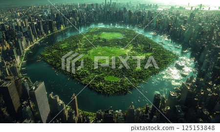 Aerial View of a Sprawling Urban Park Surrounded by Cityscape and Water 125153848