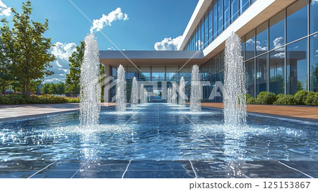 Modern city plaza featuring sleek fountains and tranquil water reflections 125153867