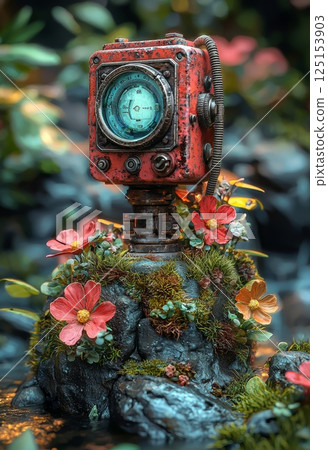 Vintage GPS Receiver Surrounded by Nature with Colorful Flowers and Lush Greenery 125153903