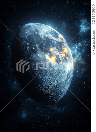 Radiant Cosmic Moon with Hypnotic View of Stars and Celestial Wonders Radiant Cosmic Moon with Hypnotic View of Stars and Celestial Wonders 125153909