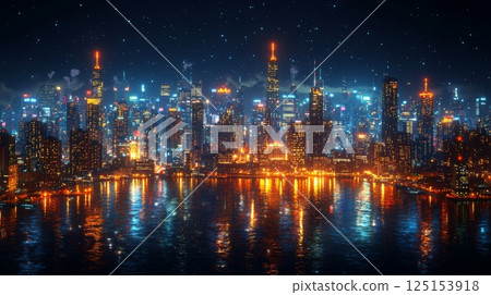 Nighttime Urban Skyline with Illuminated Buildings and Sparkling Waters Nighttime Urban Skyline with Illuminated Buildings and Sparkling Waters 125153918