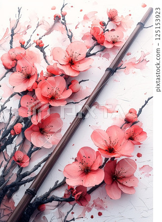 Delicate Pink Flowers on a Light Background with Wooden Accents and Artistic Flair Delicate Pink Flowers on a Light Background with Wooden Accents and Artistic Flair 125153923