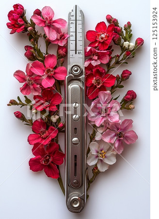 Delicate Flower Arrangement with a Tiny Vernier Caliper on a White Background Delicate Flower Arrangement with a Tiny Vernier Caliper on a White Background 125153924