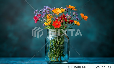 Rustic Wildflower Bouquet with Vibrant Colors in a Glass Jar 125153934