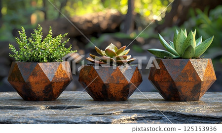 Delicate Geometric Planters with Succulents in Peaceful Natural Setting Delicate Geometric Planters with Succulents in Peaceful Natural Setting 125153936