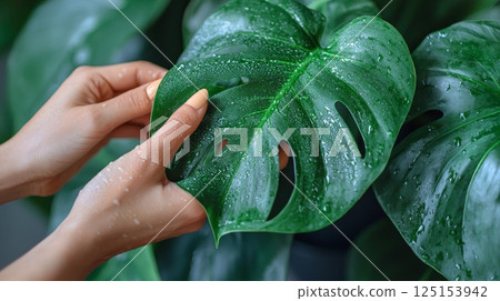 Hands Gently Wiping Dust Off a Glossy Green Leaf for Indoor Plant Care 125153942