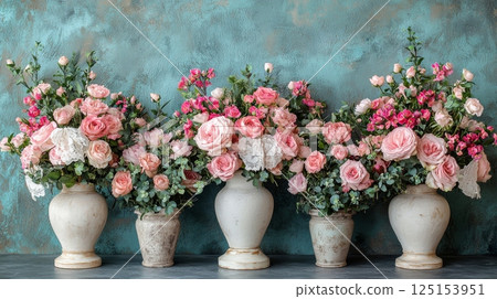 Elegant Vintage Flower Arrangements for Romantic Decor in Soft Pastel Tones Elegant Vintage Flower Arrangements for Romantic Decor in Soft Pastel Tones 125153951