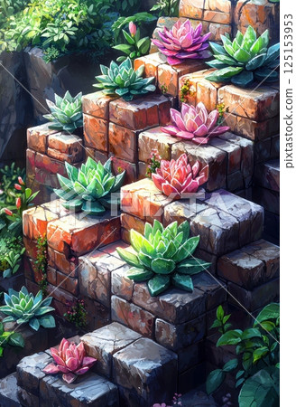 Peaceful Succulent Garden on Tiered Stone Levels with Tiny Colorful Flowers 125153953