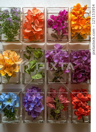 Peaceful Arrangement of Colorful Tiny Flowers in Clear Square Containers 125153954