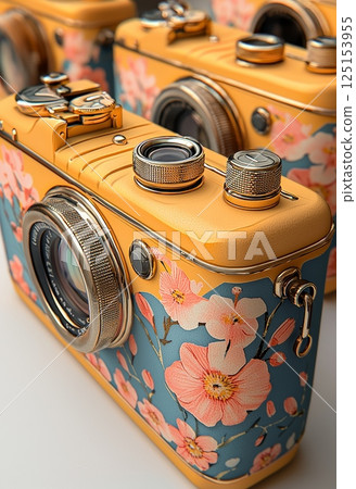 Vintage Rangefinder Camera with Floral Design and Peaceful Aesthetic Vintage Rangefinder Camera with Floral Design and Peaceful Aesthetic 125153955
