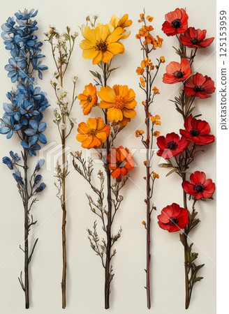 Peaceful Arrangement of Colorful Flowers with Tiny Rods in a Serene Display Peaceful Arrangement of Colorful Flowers with Tiny Rods in a Serene Display 125153959