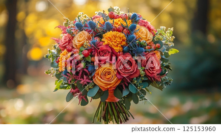 Beautiful Romantic Wedding Bouquet with Roses and Peonies Surrounded by Nature Beautiful Romantic Wedding Bouquet with Roses and Peonies Surrounded by Nature 125153960