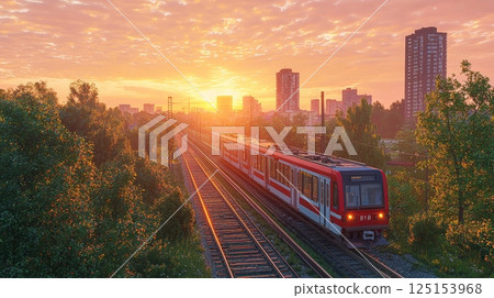 Urban Train Cutting Through Peaceful Landscape at Sunset with Elevated Perspective Urban Train Cutting Through Peaceful Landscape at Sunset with Elevated Perspective 125153968