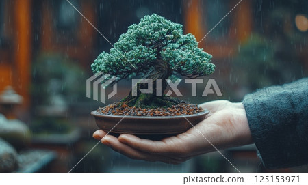 Trimming a Small Bonsai Tree with Focus on Peaceful Hands in Rainy Environment 125153971
