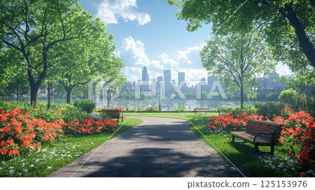 Tranquil Urban Nature Scene with Lush Park and Skyline Framed by Beautiful Trees 125153976