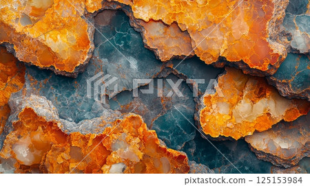 Polished Orange and Teal Stone Surface with Irregular Abstract Patterns 125153984