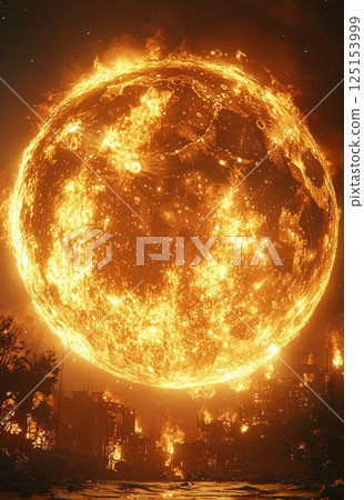 Cosmic Peaceful Scene Featuring Alien Planet in Fiery Background Cosmic Peaceful Scene Featuring Alien Planet in Fiery Background 125153999