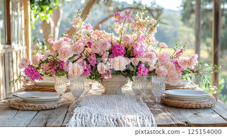 Elegant Pastel Flower Arrangements Styled with Macrame on Rustic Table Setting Elegant Pastel Flower Arrangements Styled with Macrame on Rustic Table Setting 125154000