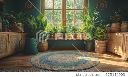 Serene Corner with Abundant Houseplants and Natural Light in a Cozy Interior Space 125154003