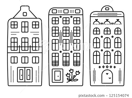 Typical Dutch architecture, three canal houses in Amsterdam style. Set of black line Netherland buildings, vector illustration Typical Dutch architecture, three canal houses in Amsterdam style. Set of black line Netherland buildings, vector illustration 125154074