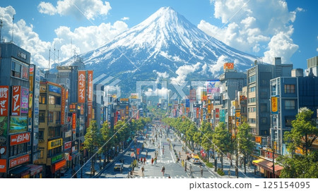 Bustling City Street with Colorful Neon Signs and a Majestic Mountain View 125154095