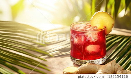 Caribbean sorrel drink with ice and fresh ginger served outdoors - vivid tropical refreshment with bold color and traditional flavor. 125154116