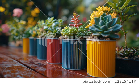 Whimsical Arrangement of Colorful Succulents in Upcycled Cans with Natural Elements 125154117