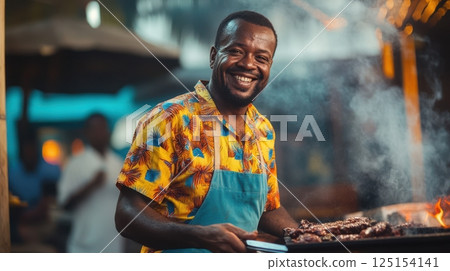 Smiling Caribbean street chef grilling jerk meat over open flames - vivid market scene full of tropical flavor and cultural authenticity. 125154141