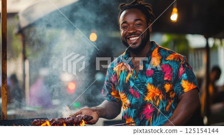 Portrait of a Caribbean street chef smiling while cooking jerk meat over an open flame grill, colorful shirt, smoky background, tropical vibe, urban island market scene 125154144