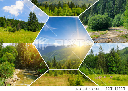 Picturesque mountain landscape with mountain ranges, coniferous forests and sunrise. Picturesque mountain landscape with mountain ranges, coniferous forests and sunrise. 125154325