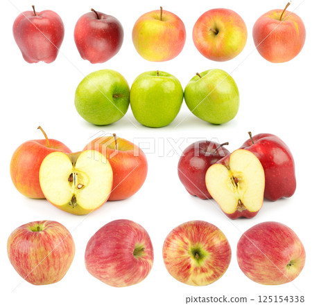 Set of ripe green and red apples from different angles isolated on white background. 125154338