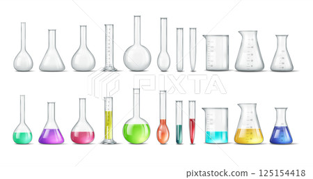 Illustration of Various Laboratory Glassware with Liquids 125154418
