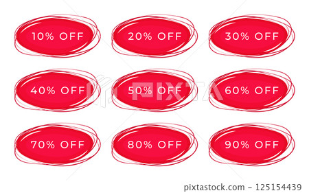 Red discount banners set, sales stickers in oval forms, coupons in many percentage variations, offers from 10% to 90%, buttons to increase business profit, vector color illustrations 125154439