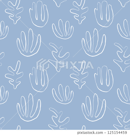 Seaweed silhouette seamless pattern on white background. Hand drawn doodle illustration. Underwater sea life summer holiday. Blue seaweed, algae design element set 125154459