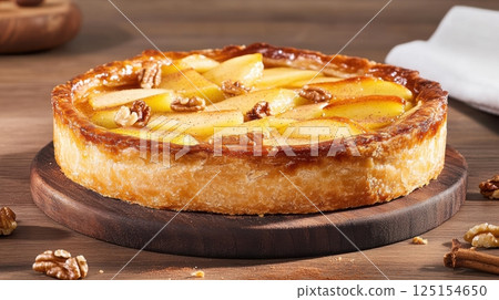 Rustic apple pie with flaky lattice crust and golden caramel filling. A cozy homemade dessert styled with powdered sugar on ceramic plate. Perfect for winter comfort food scenes. 125154650