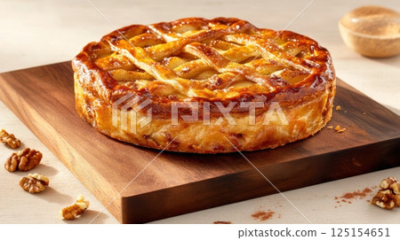 Top-down view of homemade apple pie with spiced filling and flaky crust. Warm tones, cozy textures, and vintage kitchen elements enhance the comforting mood of this dessert shot. 125154651