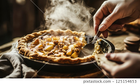 Rustic apple pie with flaky lattice crust and golden caramel filling. A cozy homemade dessert styled with powdered sugar on ceramic plate. Perfect for winter comfort food scenes. 125154653