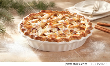 Freshly baked apple tart with cinnamon, walnuts, and golden crust. Styled in soft natural light on a rustic wooden table. Ideal for seasonal baking and holiday visuals. 125154658