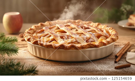 Rustic apple pie with flaky lattice crust and golden caramel filling. A cozy homemade dessert styled with powdered sugar on ceramic plate. Perfect for winter comfort food scenes. 125154659