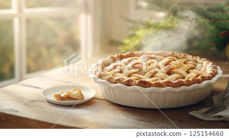 Top-down view of homemade apple pie with spiced filling and flaky crust. Warm tones, cozy textures, and vintage kitchen elements enhance the comforting mood of this dessert shot. 125154660