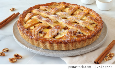 Rustic apple pie with flaky lattice crust and golden caramel filling. A cozy homemade dessert styled with powdered sugar on ceramic plate. Perfect for winter comfort food scenes. 125154662