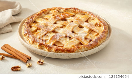 Freshly baked apple tart with cinnamon, walnuts, and golden crust. Styled in soft natural light on a rustic wooden table. Ideal for seasonal baking and holiday visuals. 125154664