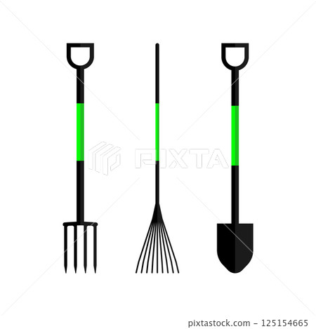 Garden tools set. Garden Pitchfork, Shovel, leaf rake. Vector illustration 125154665